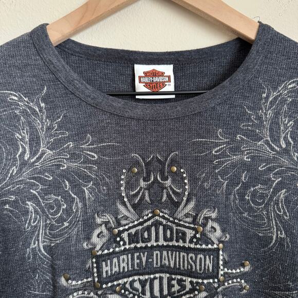 Vintage Harley Davidson Women Gray Waffle Longsleeve Studded Top Size Medium Y2K - Picture 2 of 12